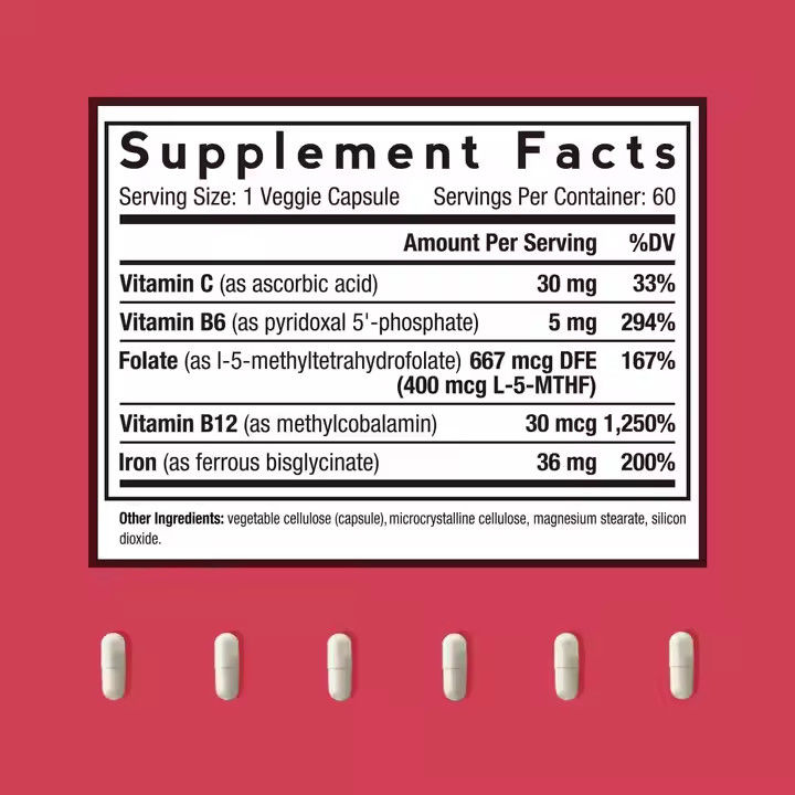 Capsulas de ferro com vitaminas Suplemento de suporte células vermelhas do sangue Formação 60 cápsulas