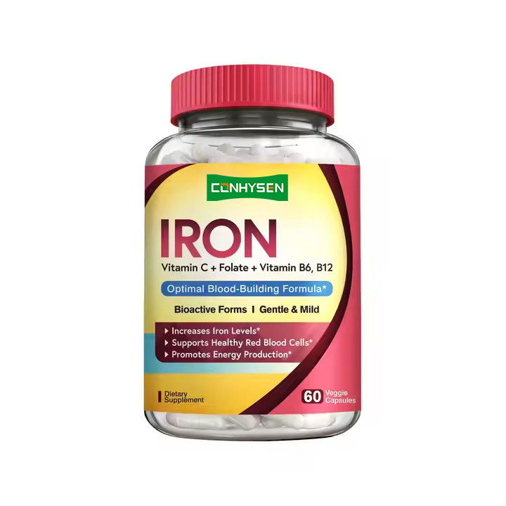 Capsulas de ferro com vitaminas Suplemento de suporte células vermelhas do sangue Formação 60 cápsulas
