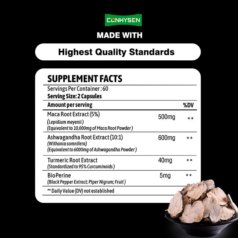 Customização de fábrica Maca raiz Ashwagandha cápsulas aumentar o equilíbrio hormonal com curcumina de cúrcuma