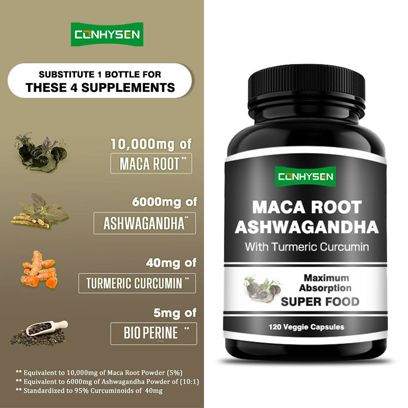 Customização de fábrica Maca raiz Ashwagandha cápsulas aumentar o equilíbrio hormonal com curcumina de cúrcuma