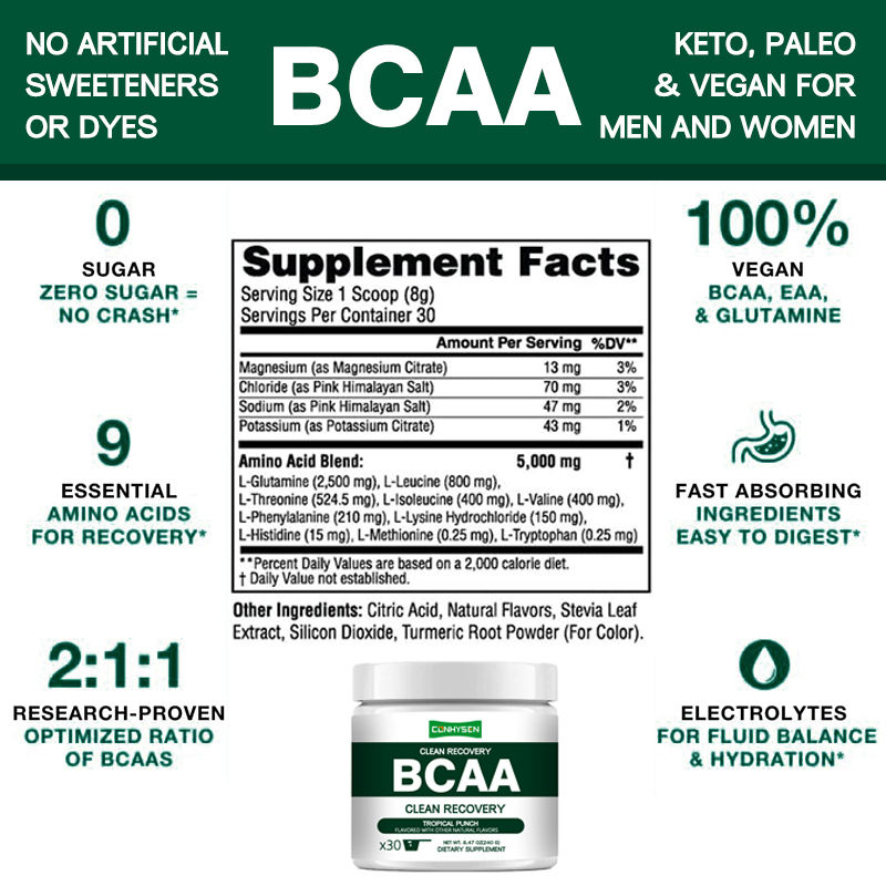 Marcas Privadas Clean Recovery BCAA Powder 9 Aminoácidos Essenciais Reduz a Dor e o Estresse