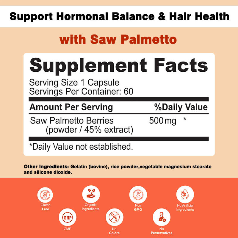Cápsulas de Saw Palmetto Não OGM 500mg Suporte Complexo Equilíbrio Hormonal Saúde Capilar