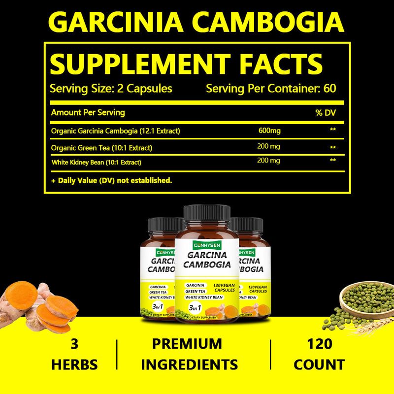 Fornecimento de fábrica Garcinia Cambogia cápsulas 3 em 1 Ingredientes premium aumentam a produção de energia