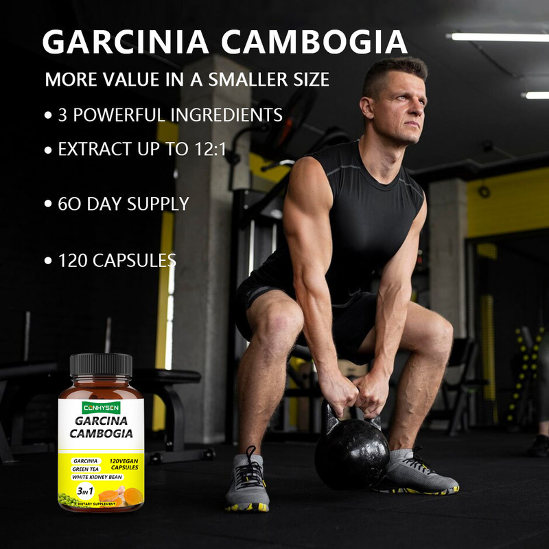 Fornecimento de fábrica Garcinia Cambogia cápsulas 3 em 1 Ingredientes premium aumentam a produção de energia