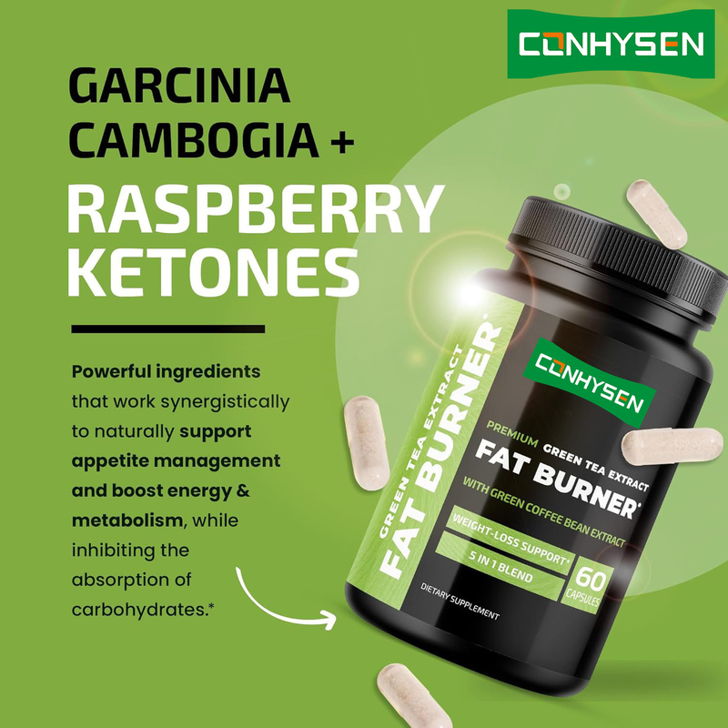 Combinação Premium de queimador de gordura 5 em 1 com extrato de chá verde Garcinia Cambogia Cetonas de framboesa Suporte natural para perda de peso