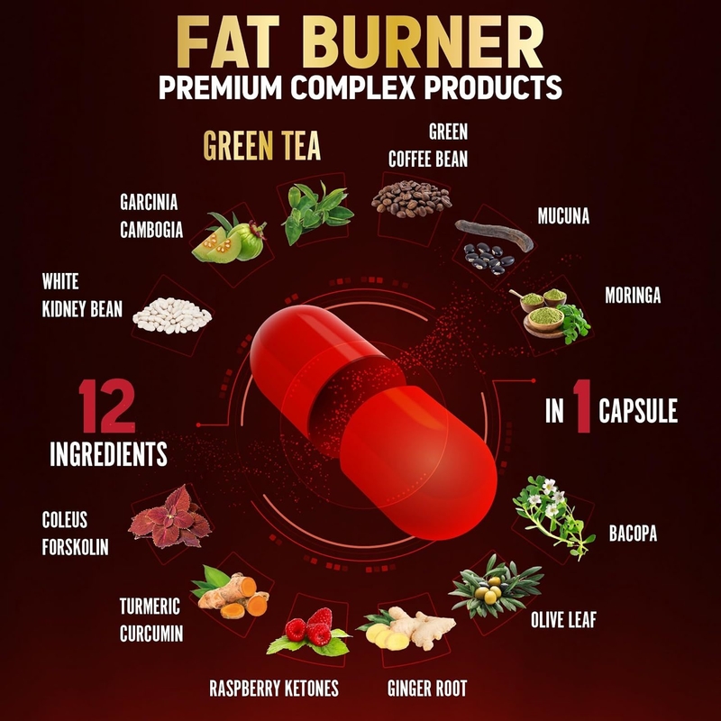 Queimador de Gordura 12 em 1 Extra Forte para Mulheres Cápsulas Veganas com Chá Verde, Garcinia Cambogia, Feijão Branco, Suporte ao Metabolismo e Digestão