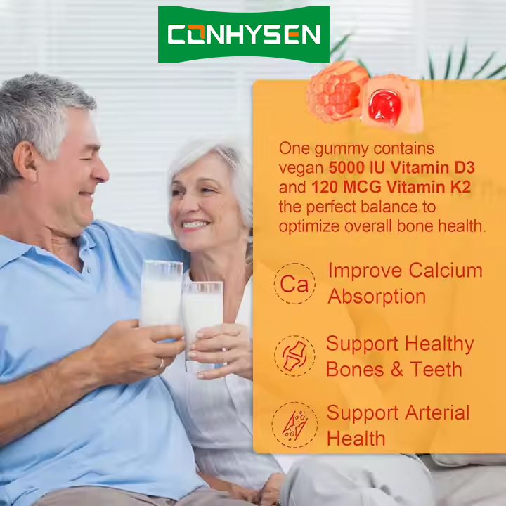 Gomas de vitamina D3+K2 complexas OEM ODM sem açúcar para adultos, gomas para suporte imunológico