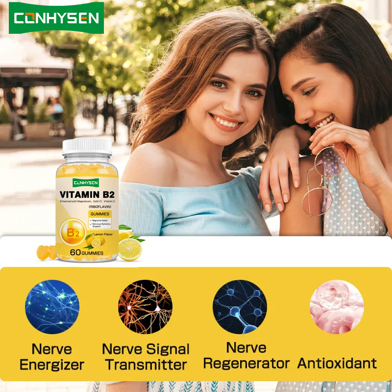 Vitamina B2 Gumas Aumentam o Metabolismo Energético Apoio à Pele Apoio aos Olhos Proteção Celular Vegano Amigável Riboflavina