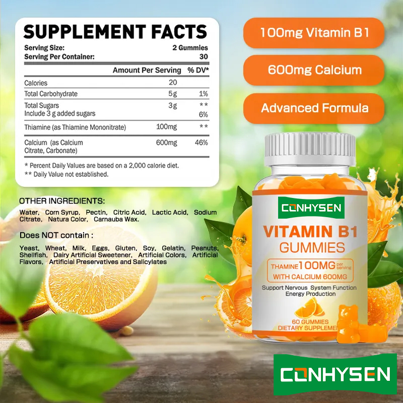 Gomas de vitamina B1 de marca própria aumentam a energia Promovem a saúde do coração Mantêm a saúde geral Fornecimento natural