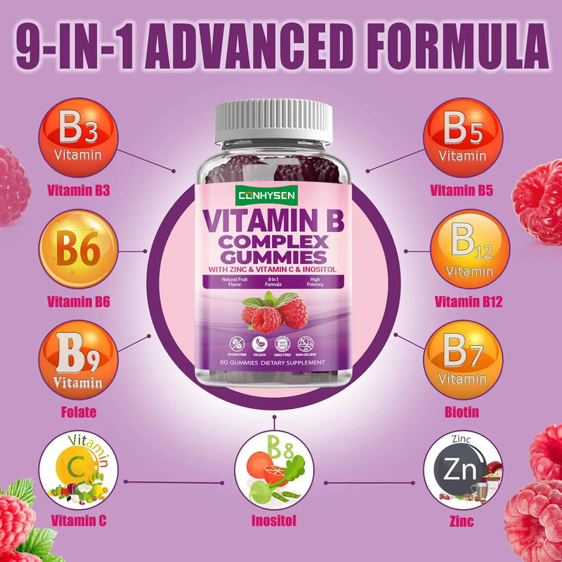 Gomas de Vitaminas do Complexo B para Reforço da Imunidade Vitamina C B6 Zinco Folato Suplemento Alimentar Bala de Vitamina B12