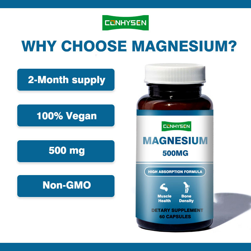 Cápsulas de magnésio personalizadas de marca 500mg Suporta memória e função cerebral Não OGM