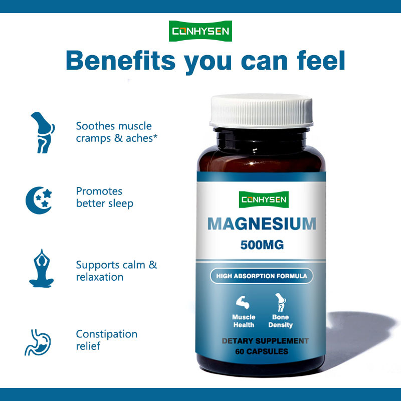 Cápsulas de magnésio personalizadas de marca 500mg Suporta memória e função cerebral Não OGM
