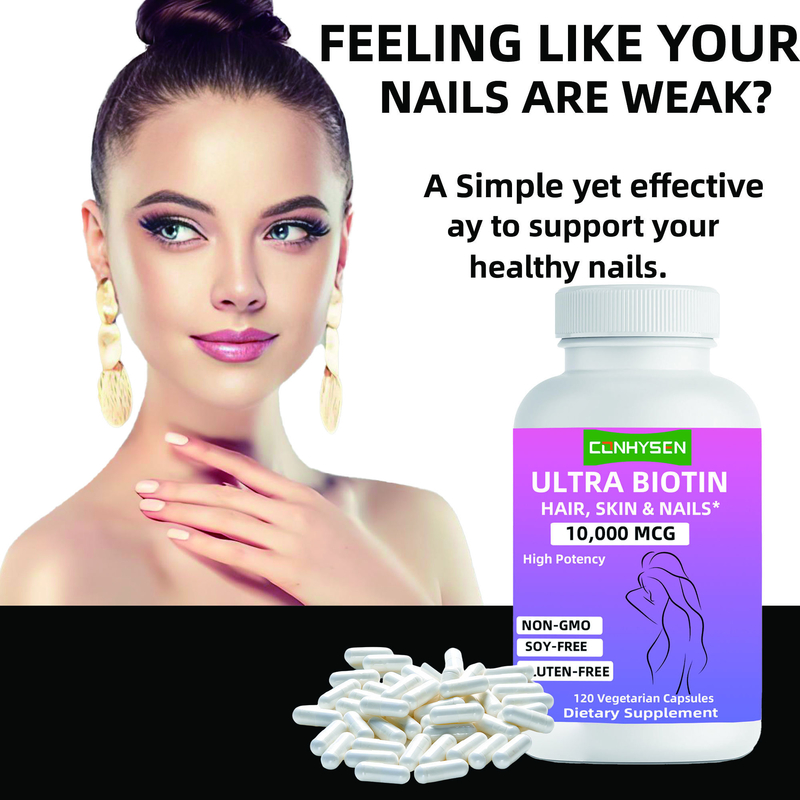Cápsulas de Biotina Ultra Personalizadas da Marca, Sem OGM, Promovem a Beleza de Cabelos, Pele e Unhas, Suplemento