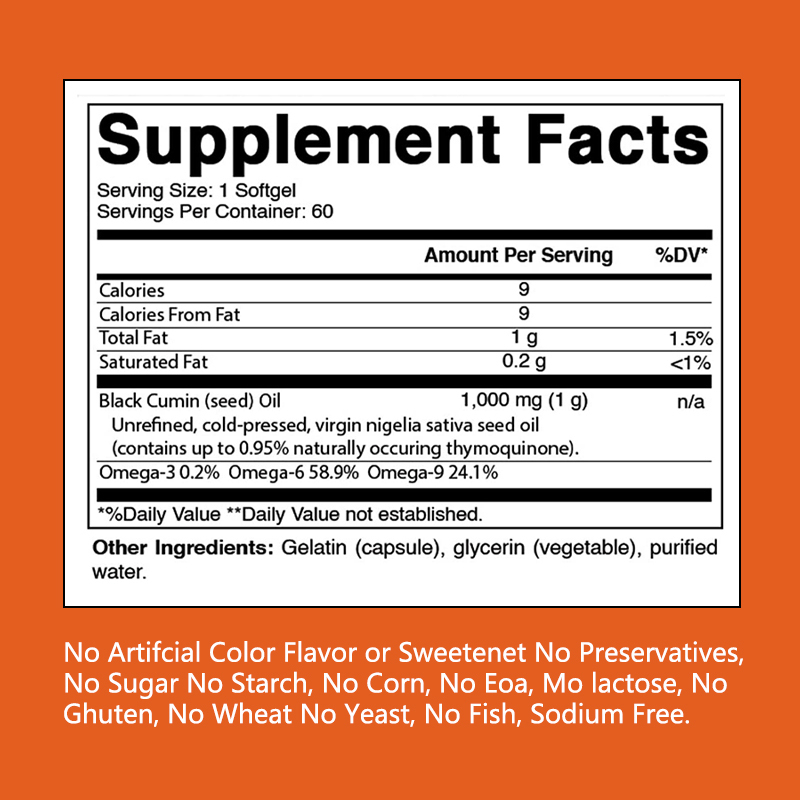 Óleo de semente preta Softgels 1000mg com Omega-3 6 9 para suporte antioxidante