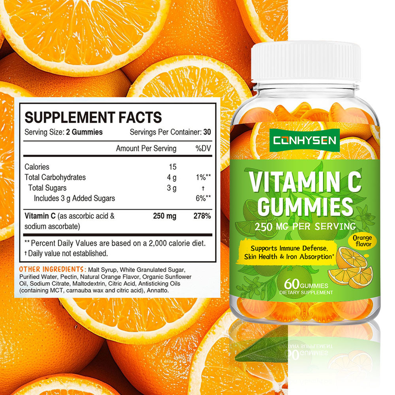 Gomas de vitamina C sabor natural a laranja por atacado da fábrica Suporte para energia cardíaca