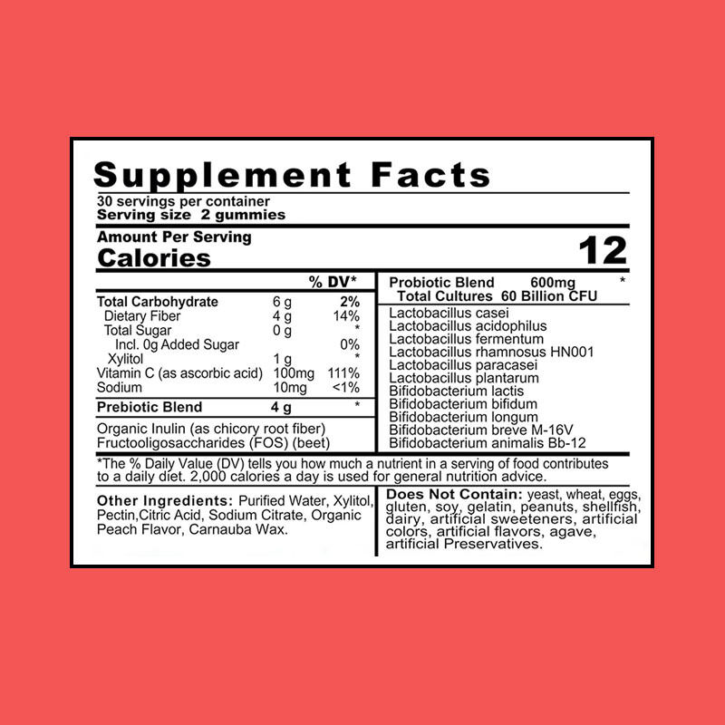 Gomas de Probióticos Prebióticos 4g OEM/ODM 60 Bilhões UFC Reforço da Imunidade e Melhoria da Saúde Intestinal com Propriedades Antioxidantes para Adultos
