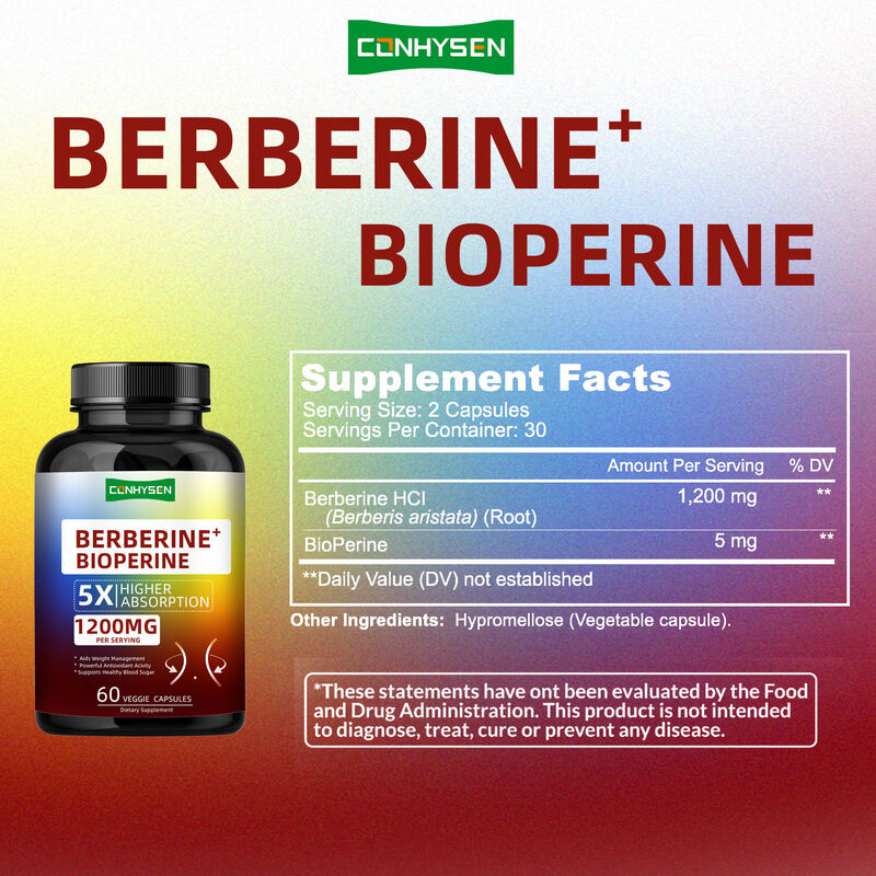 Cápsulas de Suplemento de Raiz de Berberina HCI de Alta Qualidade, Cápsulas de Berberina Bioperina para Gerenciamento Saudável do Peso, Fibra Dietética