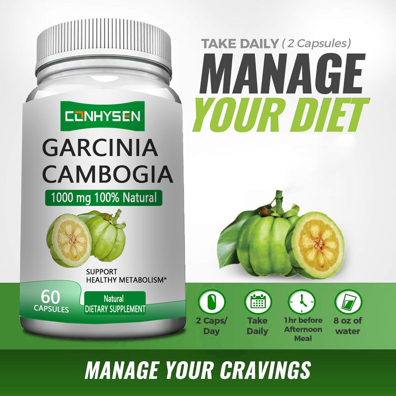 Marca privada Garcinia Cambogia Suplementos de ervas Garcinia Cambogia cápsulas apoiam um metabolismo saudável e apoiam um melhor humor
