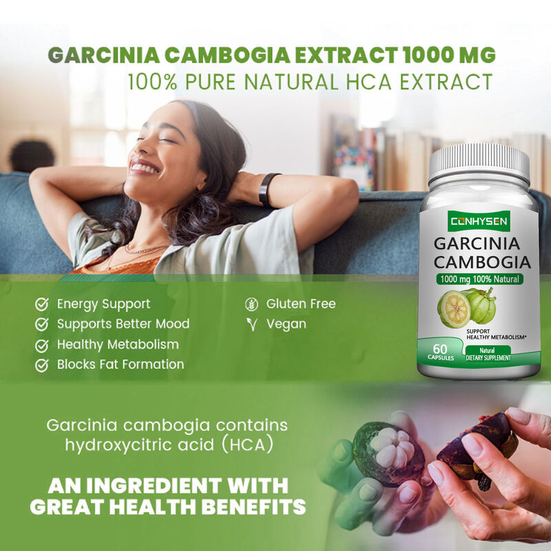 Marca privada Garcinia Cambogia Suplementos de ervas Garcinia Cambogia cápsulas apoiam um metabolismo saudável e apoiam um melhor humor