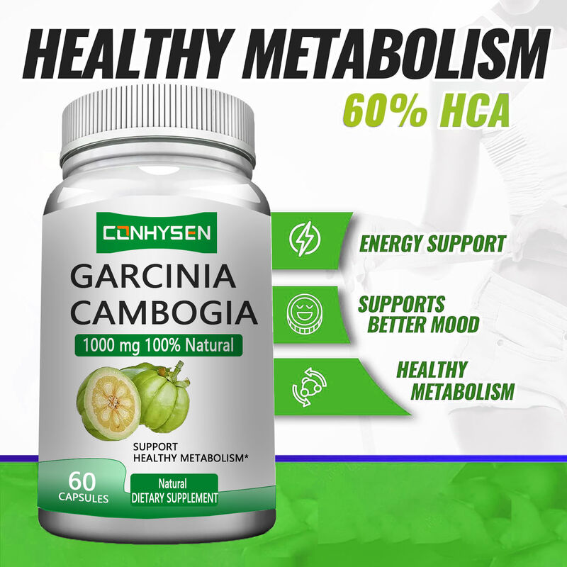 Marca privada Garcinia Cambogia Suplementos de ervas Garcinia Cambogia cápsulas apoiam um metabolismo saudável e apoiam um melhor humor