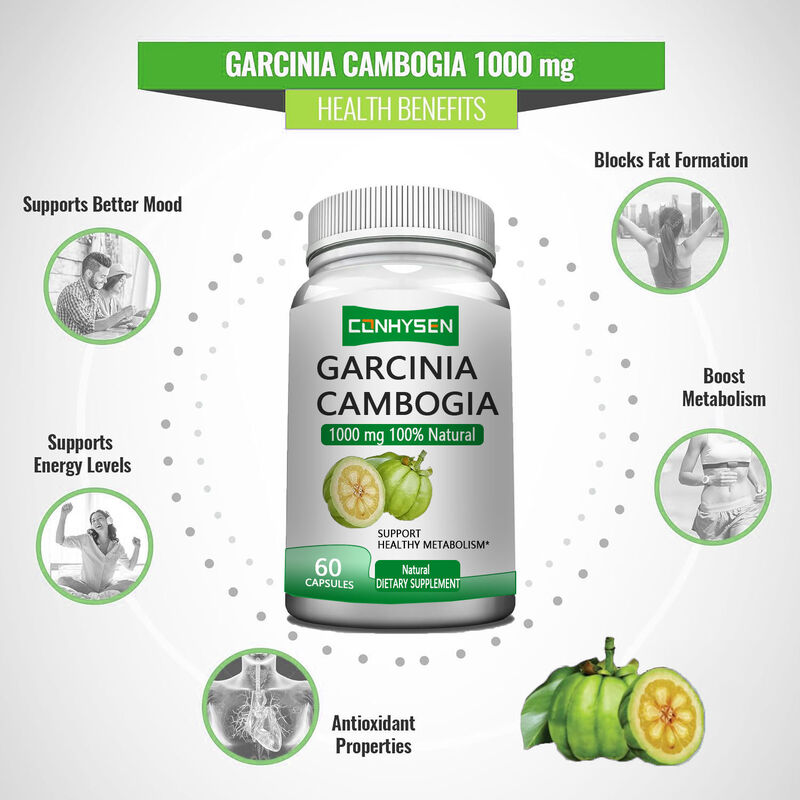 Marca privada Garcinia Cambogia Suplementos de ervas Garcinia Cambogia cápsulas apoiam um metabolismo saudável e apoiam um melhor humor